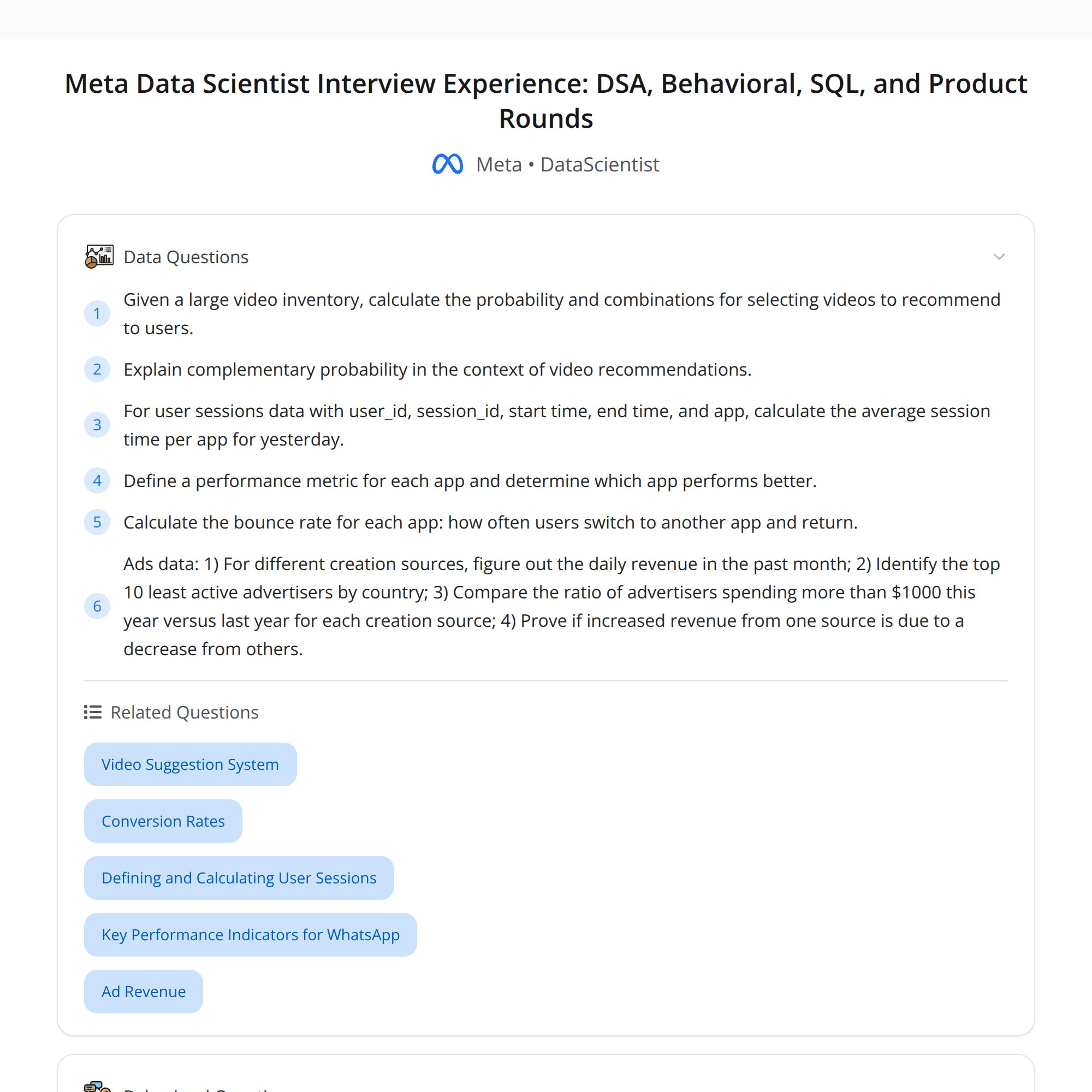 High-Score Meta Data Scientist Interview Experience: Behavioral, Stats, SQL & Product
