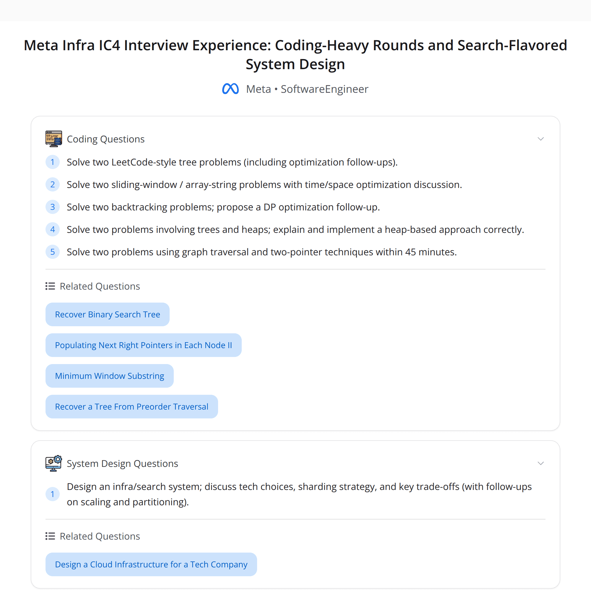 High-Score (Bugfree Users) Meta Infra IC4 Interview Experience: 2-Problem Coding Rounds + Search-Flavored System Design