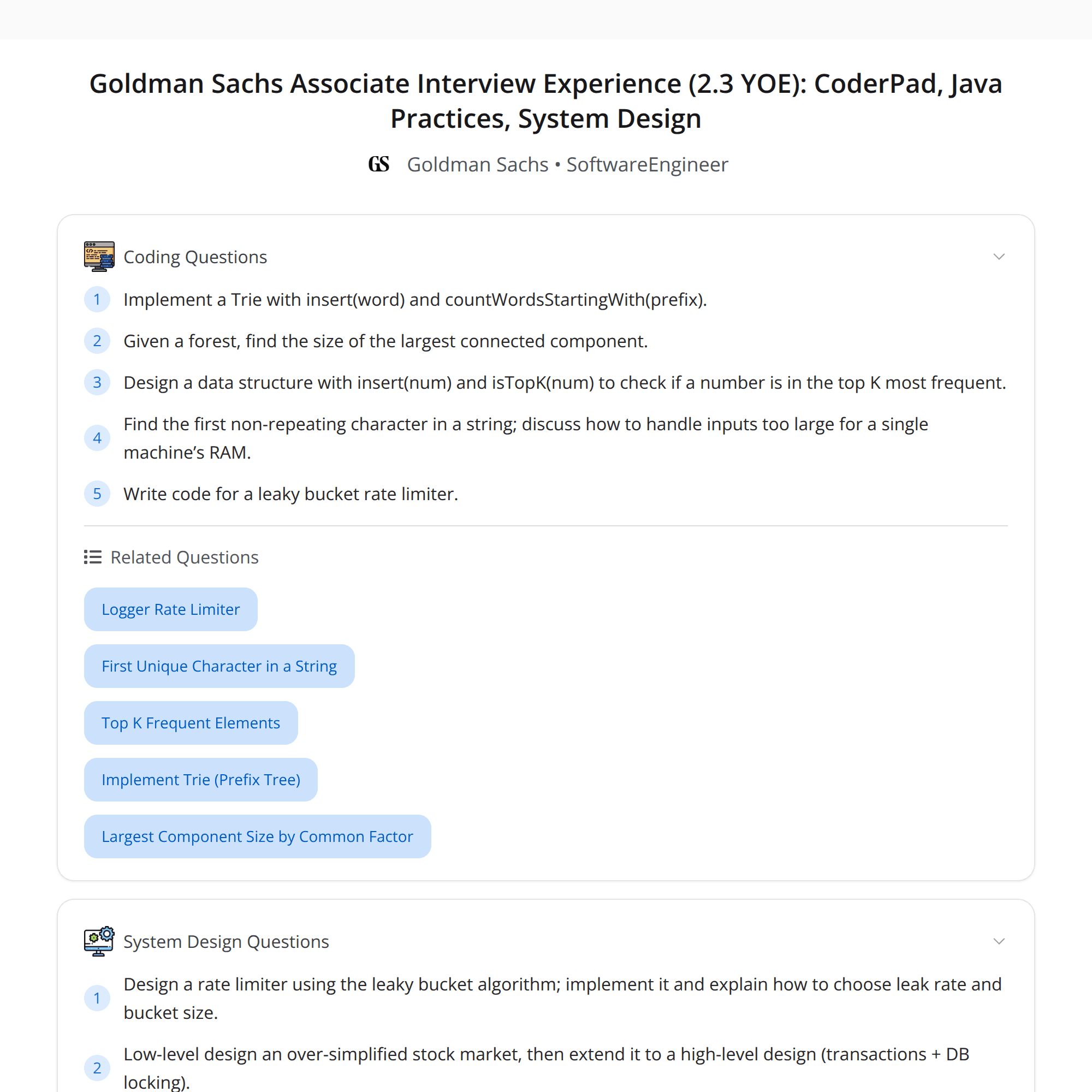 High-Score (Bugfree Users) Interview Experience: Goldman Sachs Associate (2.3 YOE) — CoderPad, Java Practices & System Design