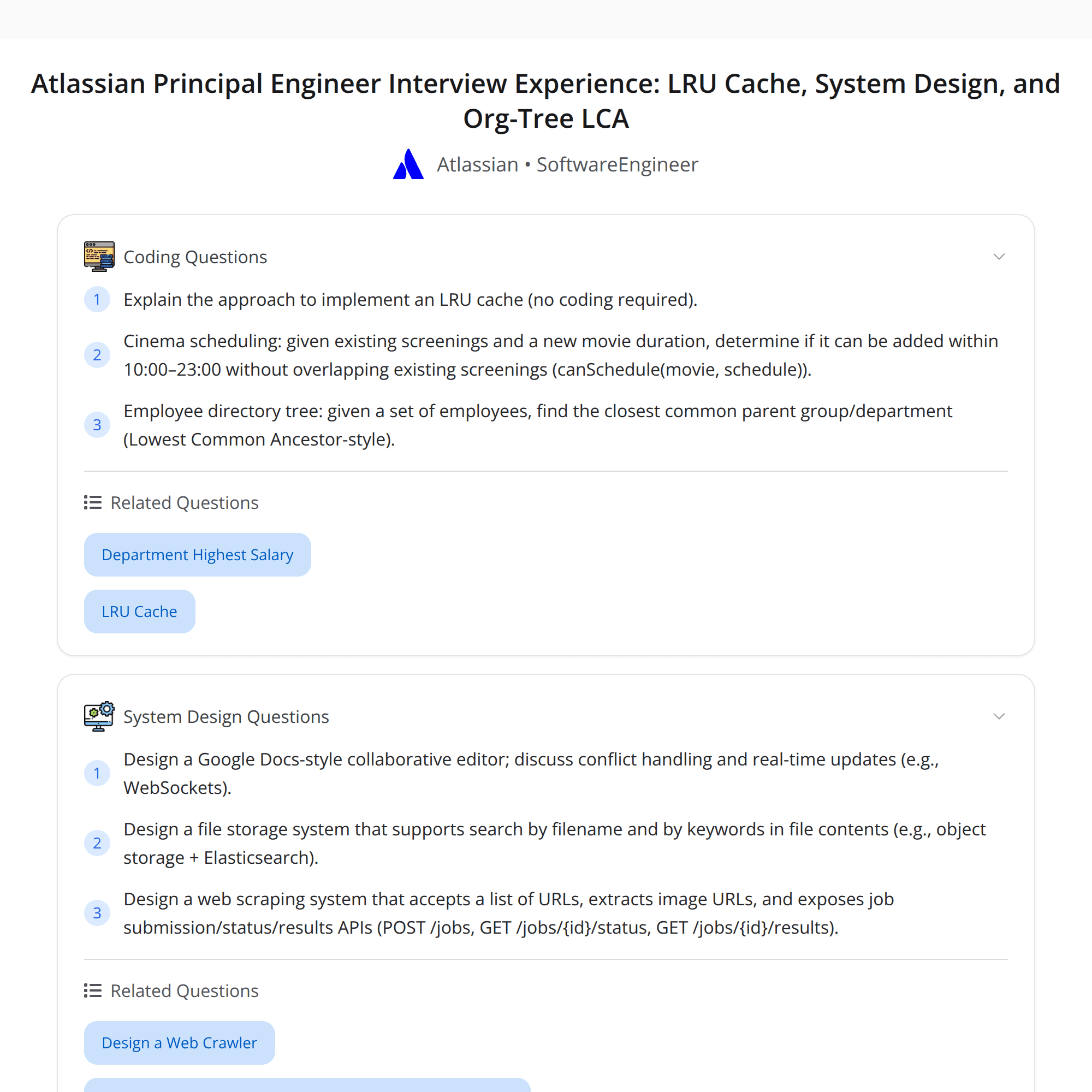High-Score Atlassian Principal Engineer Interview: LRU Cache, Web-Scraping & Org-Tree LCA